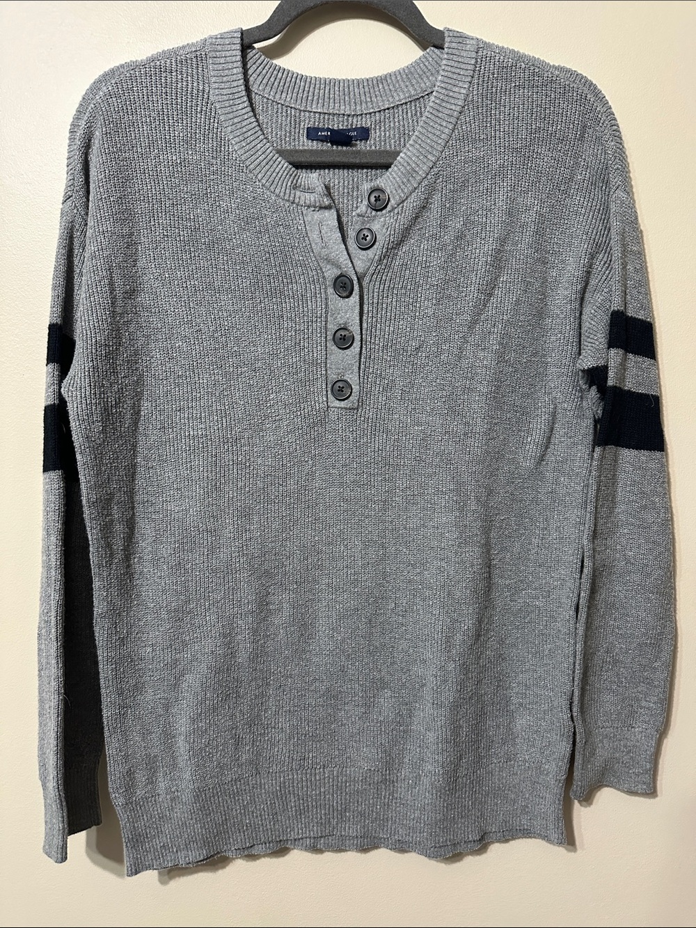 American Eagle Outfitters Gray Henley Crew Sweater with Black Sleeve Stripes